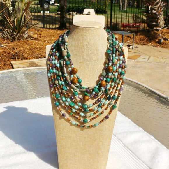 2 Necklace Set Boho Multi Strand Stone Bead Gemstone Silver Handmade NWT - Picture 2 of 9